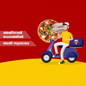 Illustration of a delivery man on a scooter with a pizza