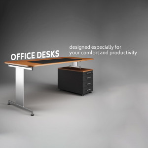 A sleek, modern office desk with a black desktop and silver frame, paired with a black filing cabinet.