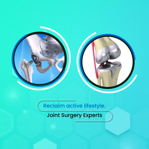 Illustration of a knee and hip replacement surgery with text 'Reclaim active lifestyle. Joint Surgery Experts'
