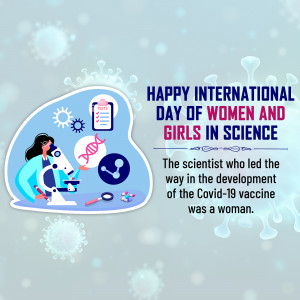 Illustration celebrating International Day of Women and Girls in Science with a female scientist and Covid-19 related imagery.