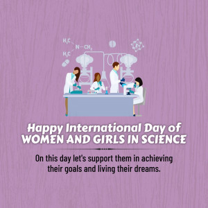 Illustration of female scientists working in a lab with molecular structures, celebrating International Day of Women and Girls in Science.