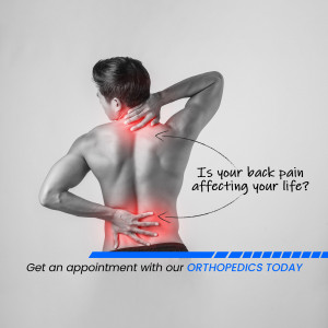 Man experiencing back and neck pain, promoting orthopedic services.