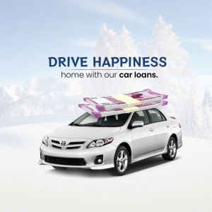 Silver car with a gift bow on top against a snowy mountain backdrop, advertising car loans.