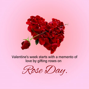 Heart shape made of red rose petals with a single rose and text 'Rose Day'