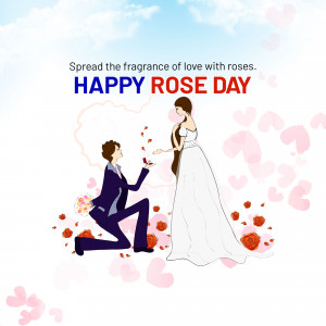 Illustration of a man proposing to a woman with roses on Rose Day.