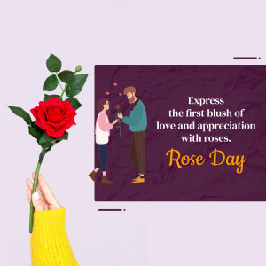 A graphic depicting a couple exchanging a rose, with a single rose in the foreground.