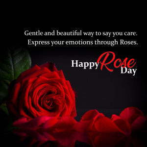 A close-up of a red rose with text 'Happy Rose Day'