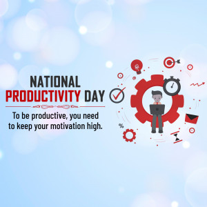 Illustration for National Productivity Day featuring a person working on a laptop surrounded by productivity icons.