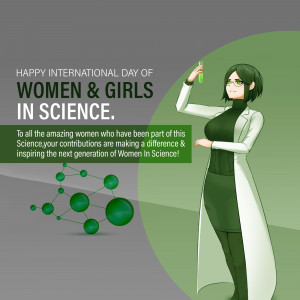 Illustration of a female scientist holding a test tube with a green liquid, celebrating International Day of Women and Girls in Science.
