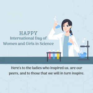 Illustration of a female scientist holding beakers in a lab, celebrating International Day of Women and Girls in Science.