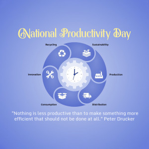Graphic celebrating National Productivity Day with a circular diagram and quote.
