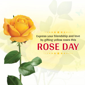 A single yellow rose with green leaves against a soft yellow and white background with text promoting Rose Day.