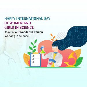 Illustration celebrating International Day of Women and Girls in Science with a female scientist and science-related imagery.