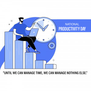 Illustration of a man working on a laptop with a clock and graph representing productivity.