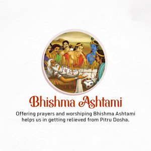 Illustration of Bhishma Pitamah on his deathbed with Krishna and others attending, with text 'Bhishma Ashtami'