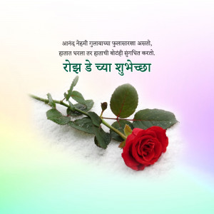 A red rose with green leaves on a snowy surface, with Marathi text above.