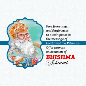 Image depicting Bhishma Pitamah with a message about peace and prayers for Bhishma Ashtami.