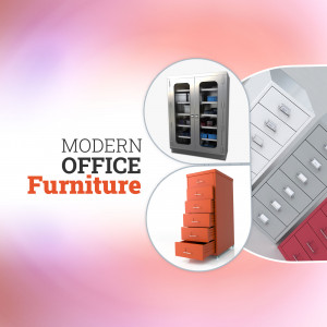 Image showcasing a collection of modern office furniture including filing cabinets and drawer units.