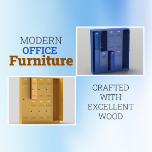 Image of blue and yellow office lockers with the text 'Modern Office Furniture' and 'Crafted with Excellent Wood'