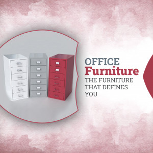 Image of white, grey, and red office filing cabinets with text 'Office Furniture - The Furniture That Defines You'
