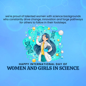 Illustration of a female scientist with molecular structures, celebrating women in science.