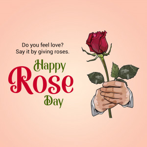A hand holding a single red rose with the text 'Happy Rose Day'