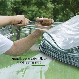 Hands installing a clear PVC tarp with grommets, showing the material being stretched and secured.
