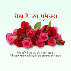 A bouquet of red and pink roses with Marathi text wishing a Happy Rose Day.
