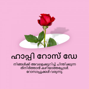 A single red rose on a white plate against a pink background with Malayalam text.