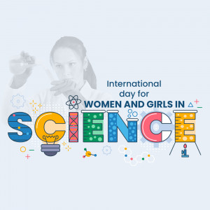 Illustration celebrating International Day of Women and Girls in Science with a scientist and science-related icons.