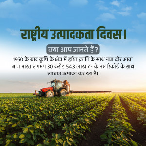Image depicting a field with a tractor and text celebrating National Productivity Day in India.
