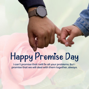 Two people holding pinkies with a rose and 'Happy Promise Day' text.
