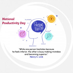 Illustration depicting a head with productivity-related icons and text celebrating National Productivity Day.
