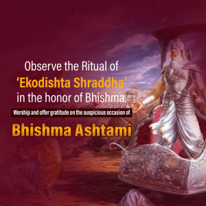 Image depicting Bhishma Pitamah and text about Bhishma Ashtami and Ekodishta Shraddha