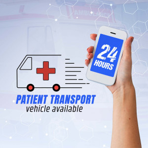Hand holding a smartphone displaying a 24/7 patient transport service advertisement with an ambulance icon.