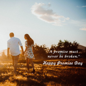 Couple walking hand-in-hand towards the sunset with a Promise Day message.