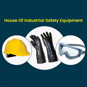Image showcasing a yellow hard hat, black gloves, and safety goggles on a blue background.