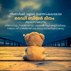 A teddy bear sitting on a wooden pier looking out at the water under a night sky with Malayalam text.