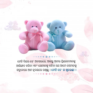 Two teddy bears, one pink and one blue, sitting side-by-side with floral decorations.