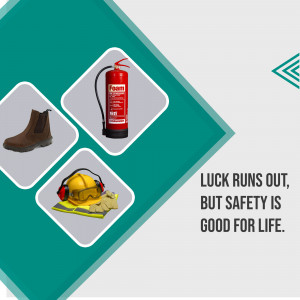 Image depicting safety equipment including a fire extinguisher, safety boots, ear protection, and hard hat with gloves.