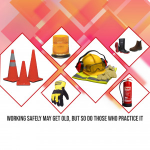 Assortment of safety equipment including cones, hard hats, gloves, boots, and a fire extinguisher.