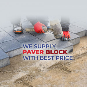 Worker installing paver blocks with text overlay 'We Supply Paver Block with Best Price'