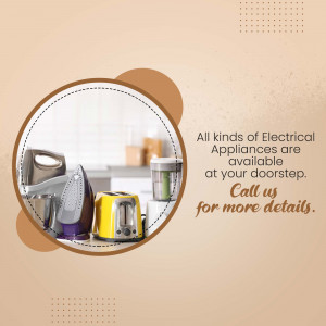 Various electrical appliances including iron, blender, and toaster displayed in a circular frame with promotional text.