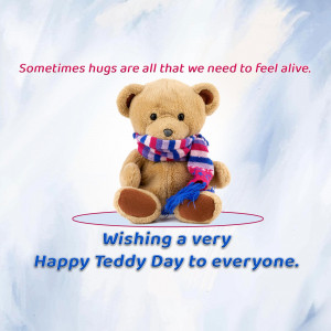 A teddy bear wearing a striped scarf with text wishing a Happy Teddy Day.
