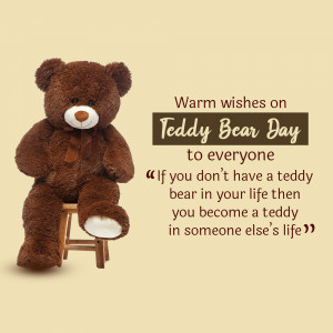 A brown teddy bear sitting on a stool with a 'Teddy Bear Day' greeting.