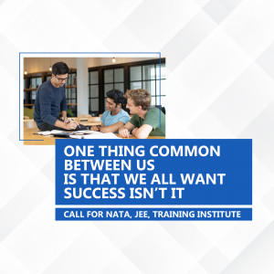 Students studying together with motivational text about success and a call to action for NATA, JEE training.