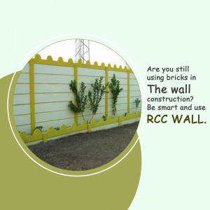 Yellow RCC wall with plants in front of it, promoting a switch from brick construction.