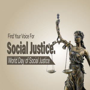 Statue of Lady Justice with text promoting Social Justice Day