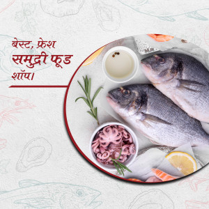 A flat lay of fresh fish, octopus, and seafood ingredients on a red plate.