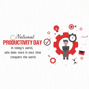 Illustration for National Productivity Day featuring a person working on a laptop surrounded by productivity symbols.